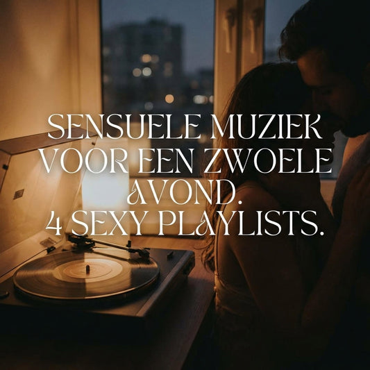 Koppel bij platenspeler met tekst sensuele muziek voor een zwoele avond en vier playlists
