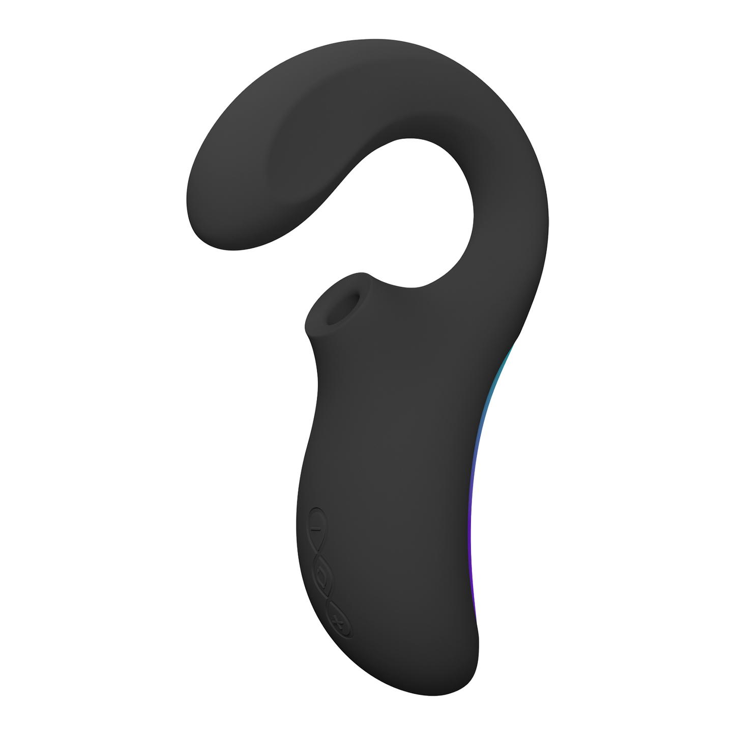 Lelo Enigma Wave in het zwart, met de sonische opening en de drie knoppen