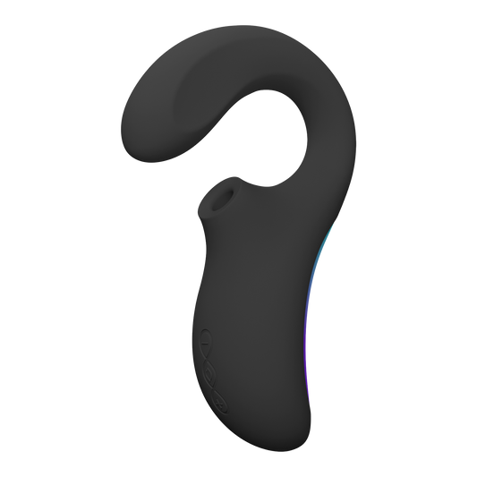 Lelo Enigma Wave in het zwart, met de sonische opening en de drie knoppen