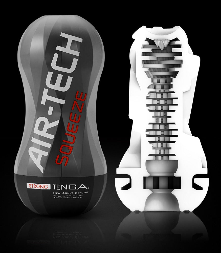 Tenga Air Tech Squeeze Strong zwart zijaanzicht met luchtgaatje en verpakking