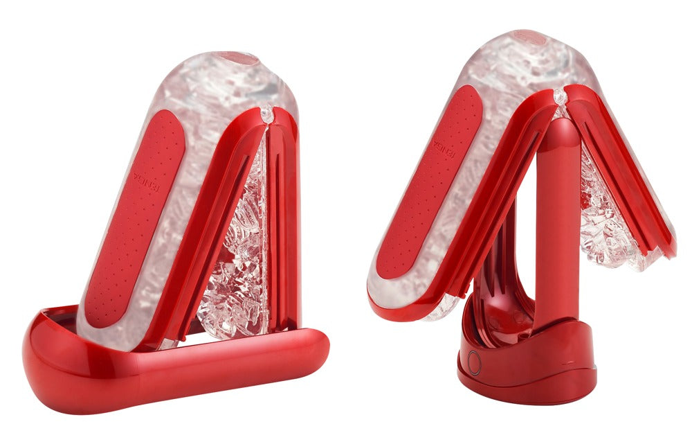 TENGA Flip Zero rood opengeklapt in twee posities, toont transparante binnenkant met textuur