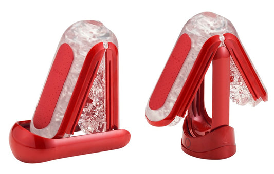TENGA Flip Zero rood opengeklapt in twee posities, toont transparante binnenkant met textuur