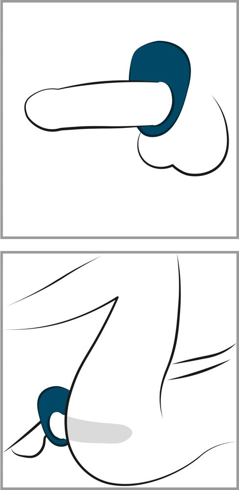 Tekening van de We-Vibe Pivot cockring om de penis, van opzij, met het vibrerende deel bovenop
