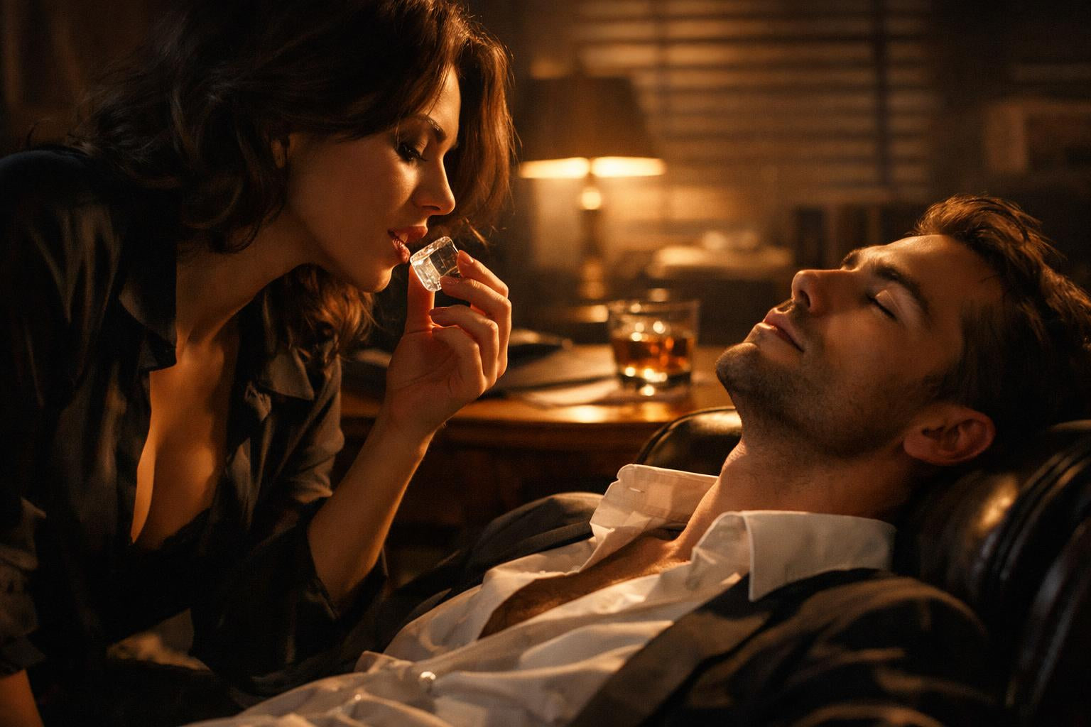 Een intieme scène in een stille kamer waar spanning en verlangen voelbaar zijn tussen twee mensen.