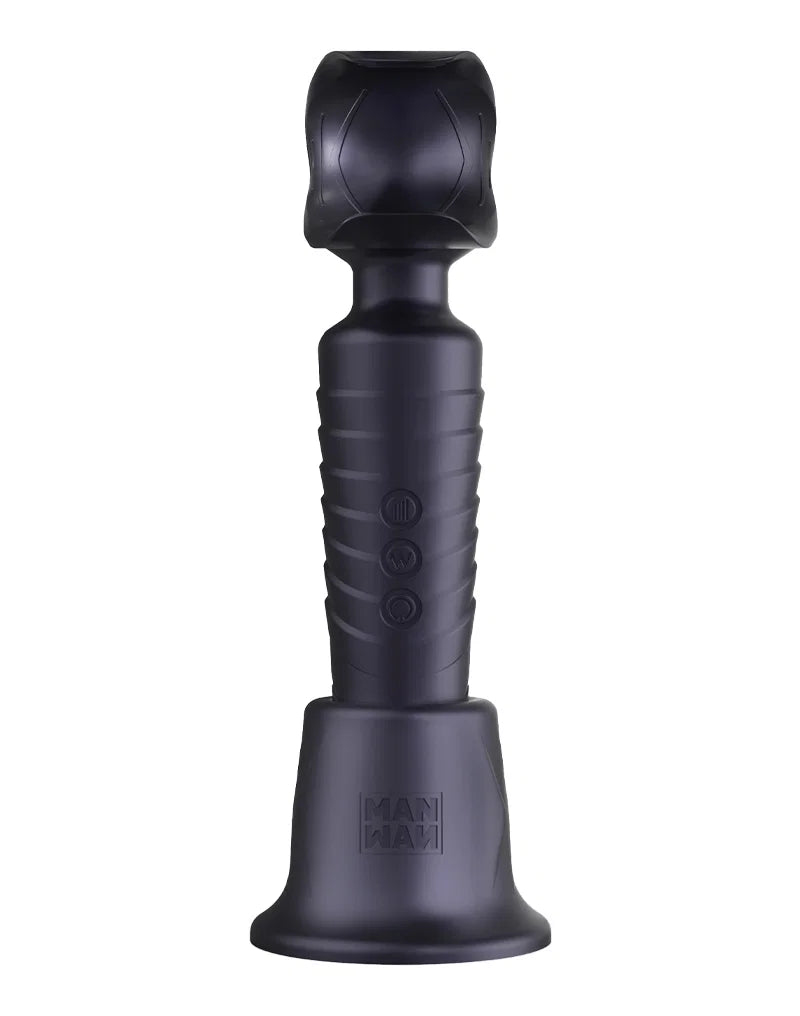 Man.Wand zwarte wand vibrator volledig aanzicht met geribbeld handvat en bedieningsknoppen