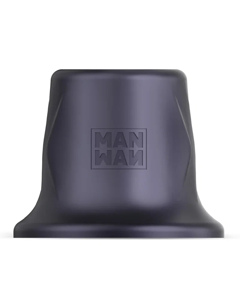 Man.Wand zwarte wand vibrator close-up van de voet met logo, mat zwart siliconen materiaal