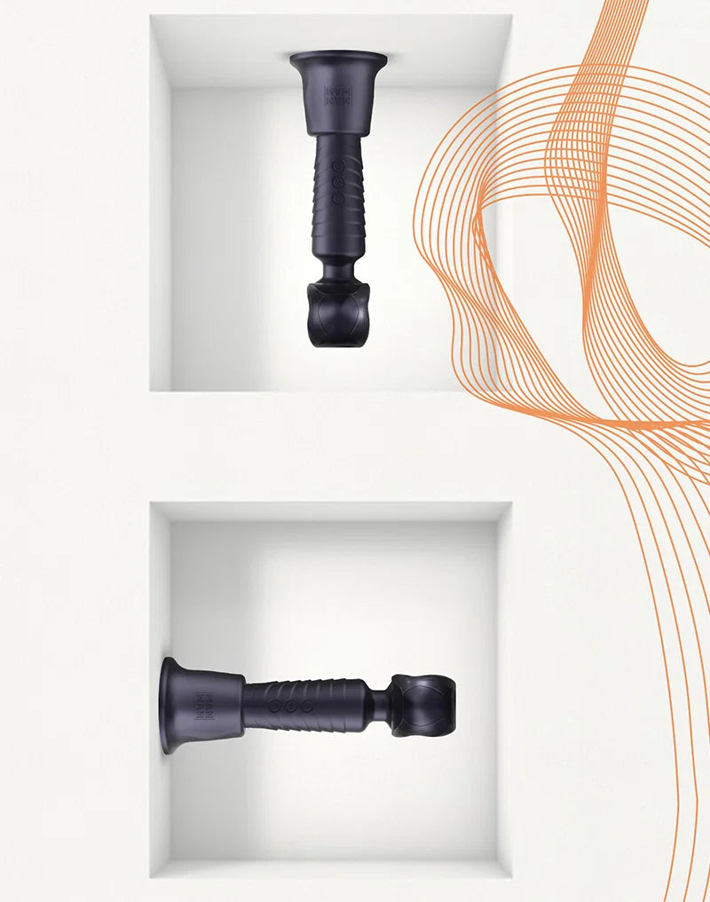 Man.Wand zwarte siliconen wand vibrator met getextureerd handvat en zuignapkop, twee perspectieven