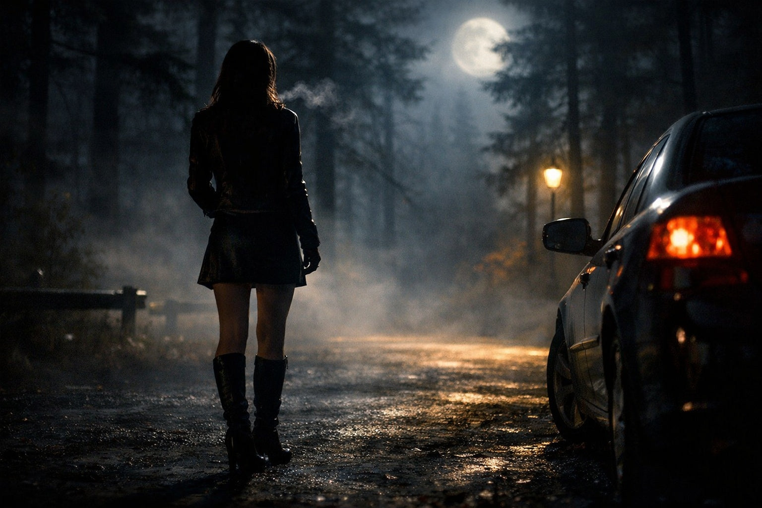Vrouwelijke silhouet op een verlaten parkeerplaats in het bos, badend in maanlicht, omgeven door mist en spanning.