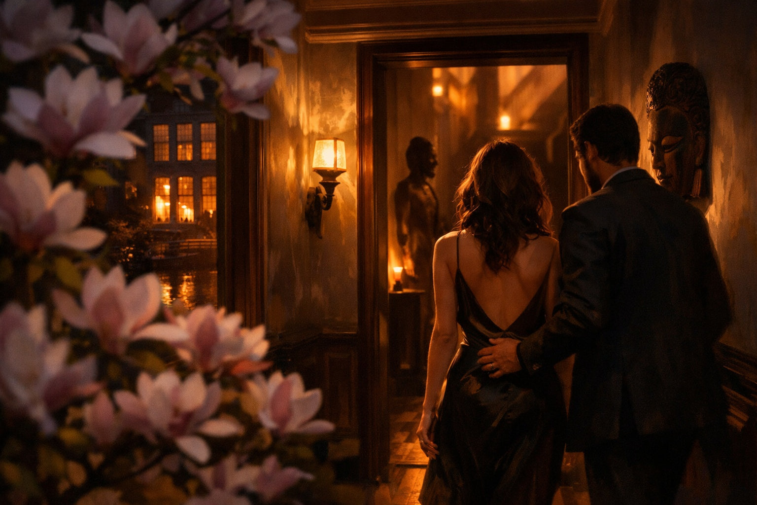 Sfeervolle hal van een statig huis achter bloeiende magnolia, warm licht, Afrikaanse kunst en een intieme, uitnodigende sfeer.