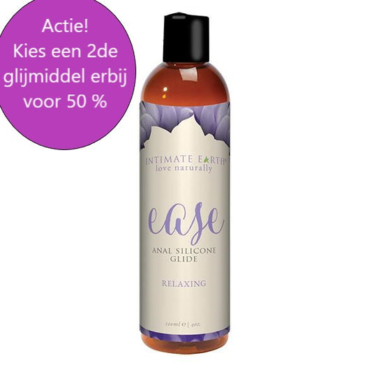 Zijaanzicht Intimate Earth Ease 120ml siliconen glijmiddel fles met productinformatie en pompmechanisme