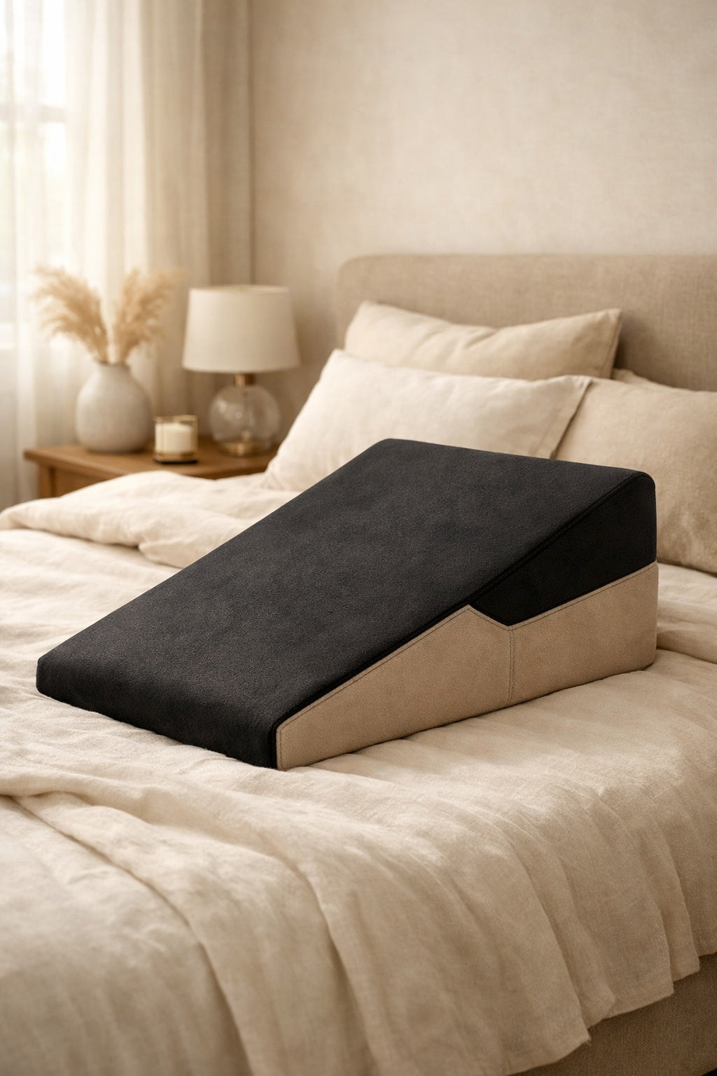 Luxe wedge sekskussen op een bed in een rustige, stijlvolle slaapkamer met zacht daglicht en neutrale tinten, gefotografeerd zonder personen, met focus op comfort, vorm en discretie.
