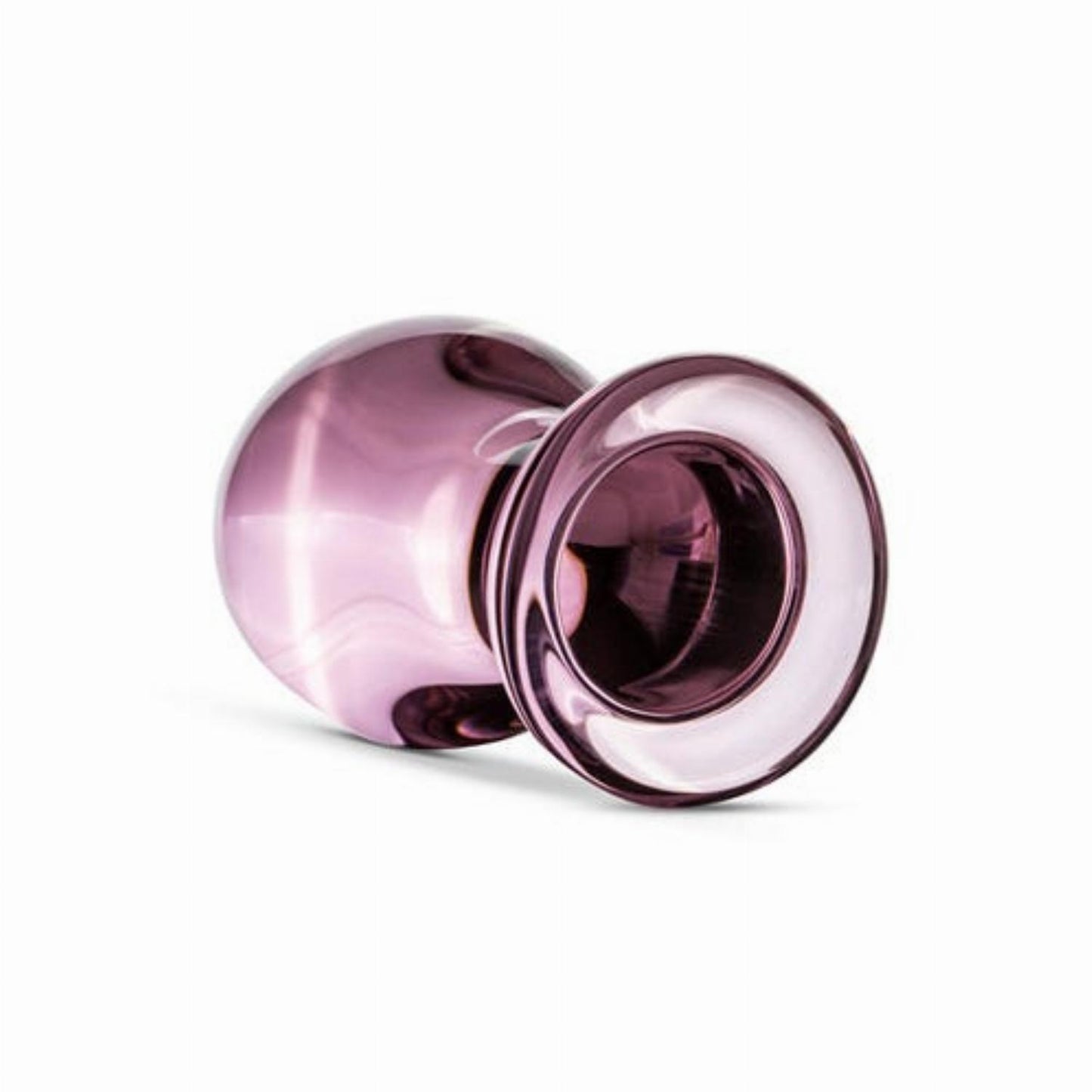 Roze glazen buttplug van Gildo, zijaanzicht met brede voet