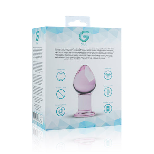 Roze glazen buttplug van Gildo, detail van het gladde glas