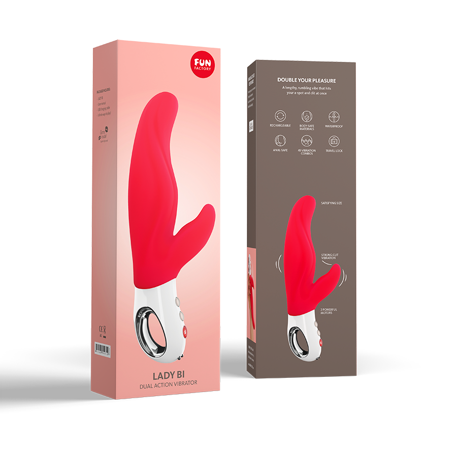 Fun Factory Lady Bi rabbit vibrator roze-rood met verpakking, voor- en achterkant doos