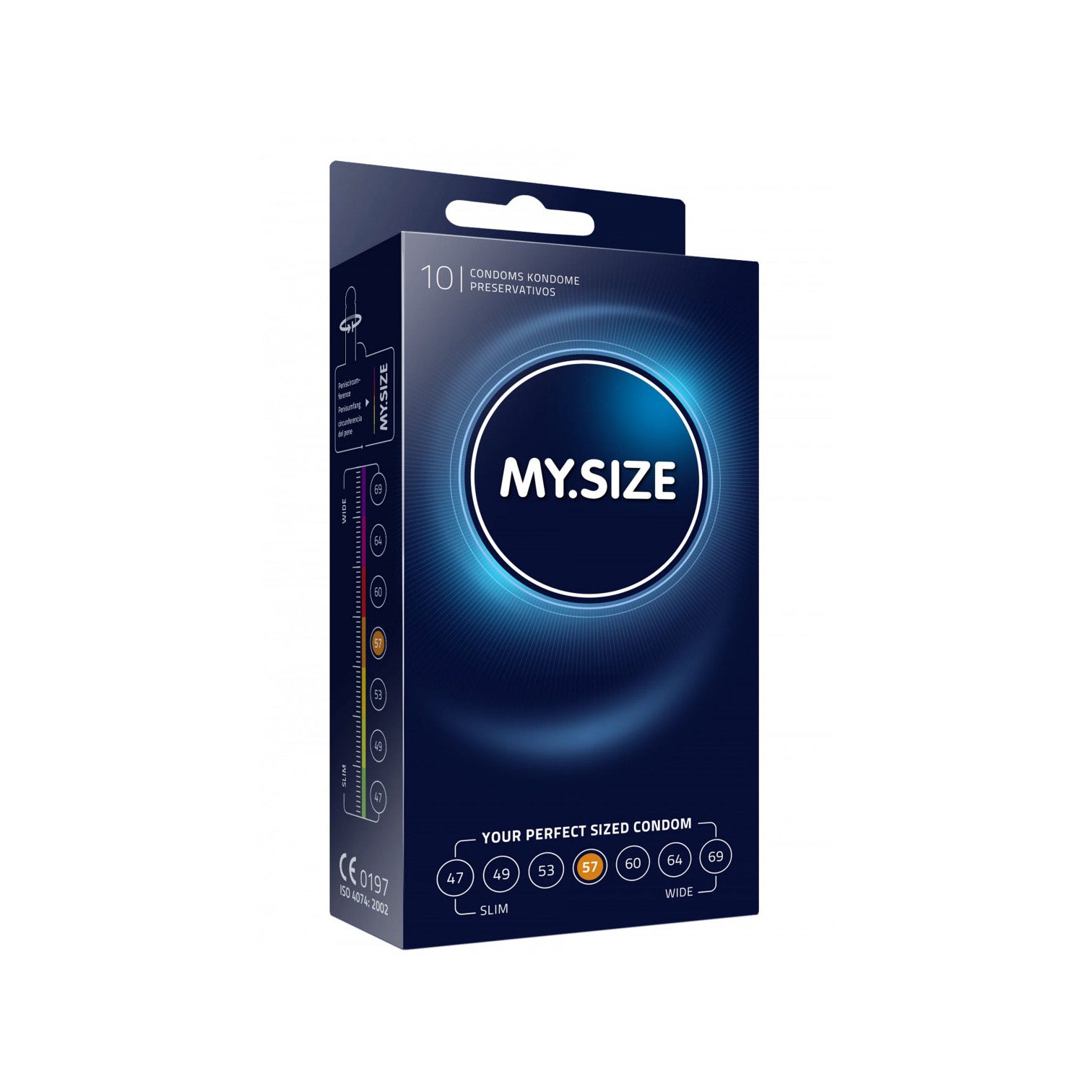 MY.SIZE condooms maat 57 in verpakking van 10 stuks van De Paarse Keizerin op witte achtergrond