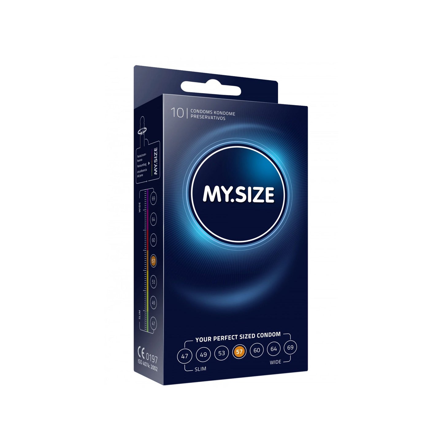 MY.SIZE condooms maat 57 in verpakking van 10 stuks van De Paarse Keizerin op witte achtergrond