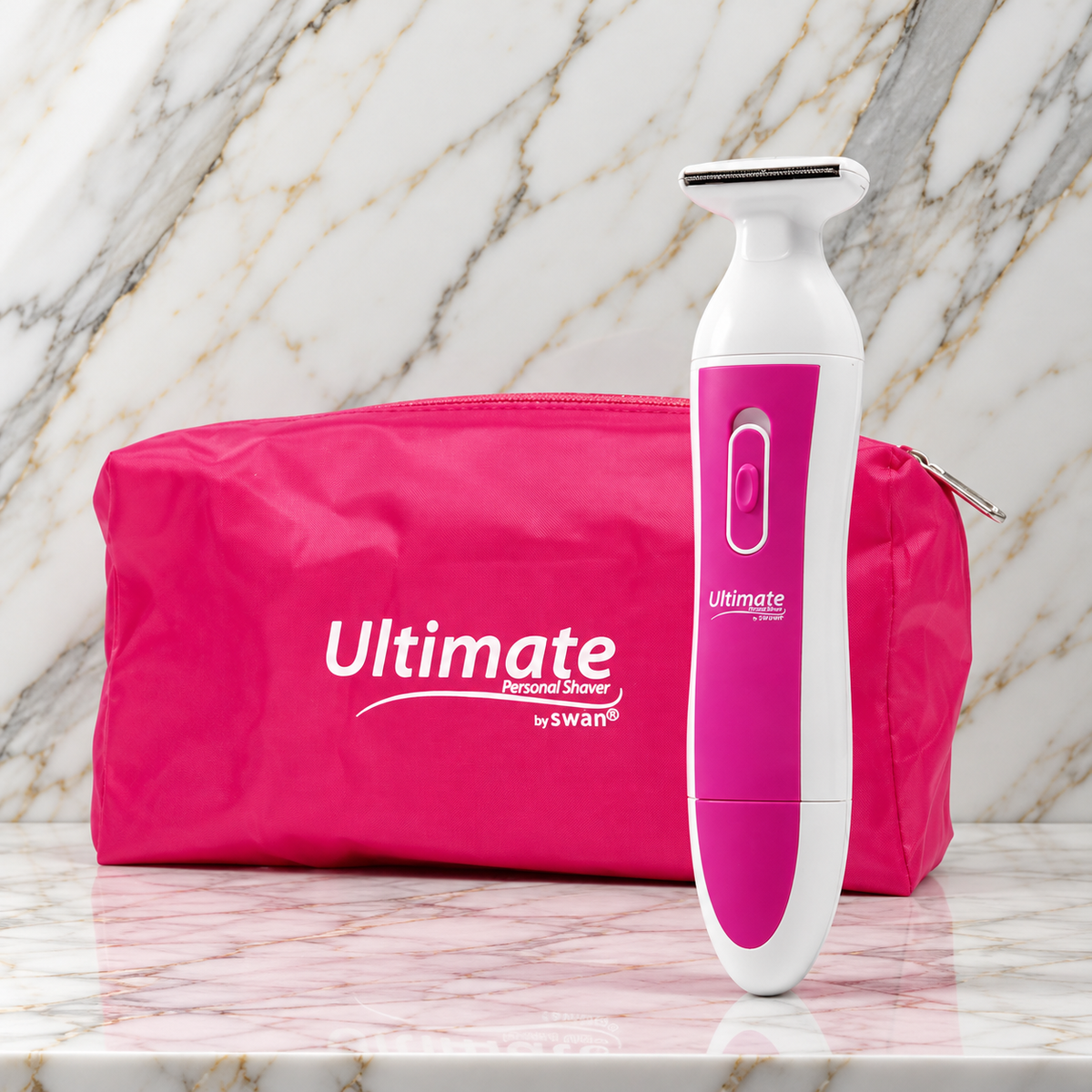 Roze opbergtasje met het wit-roze scheerapparaat ervoor, Swan Ultimate Personal Shaver voor dames