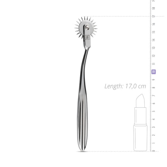 Zilverkleurig metalen Wartenberg pinwheel met maataanduiding lengte 17,0 cm