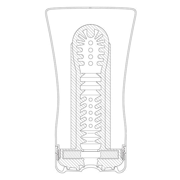 Technische doorsnede met de ronde kop vol nopjes en de ribbels, Tenga Soft Tube Cup