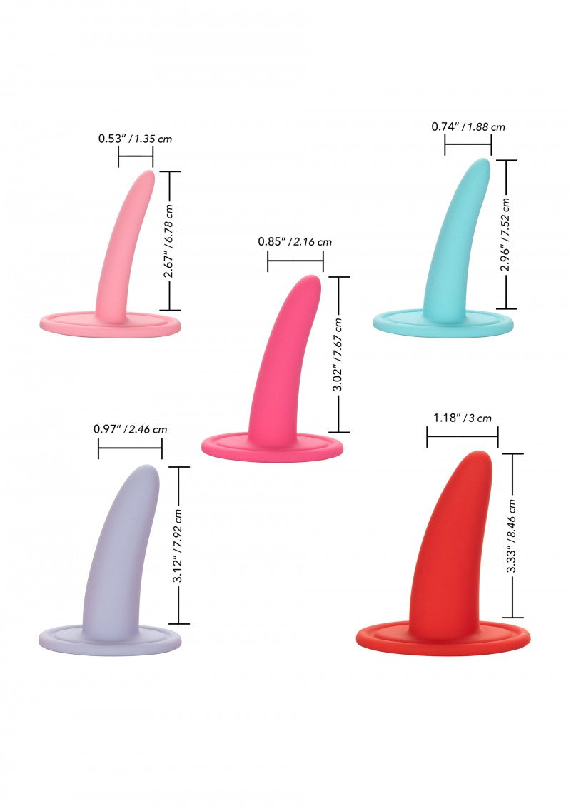 Maatfoto van de vijf draagbare dilators met doorsnede en lengte per maat