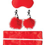 Zijaanzicht van het rode bondage beginners set met handboeien, blinddoek en andere accessories