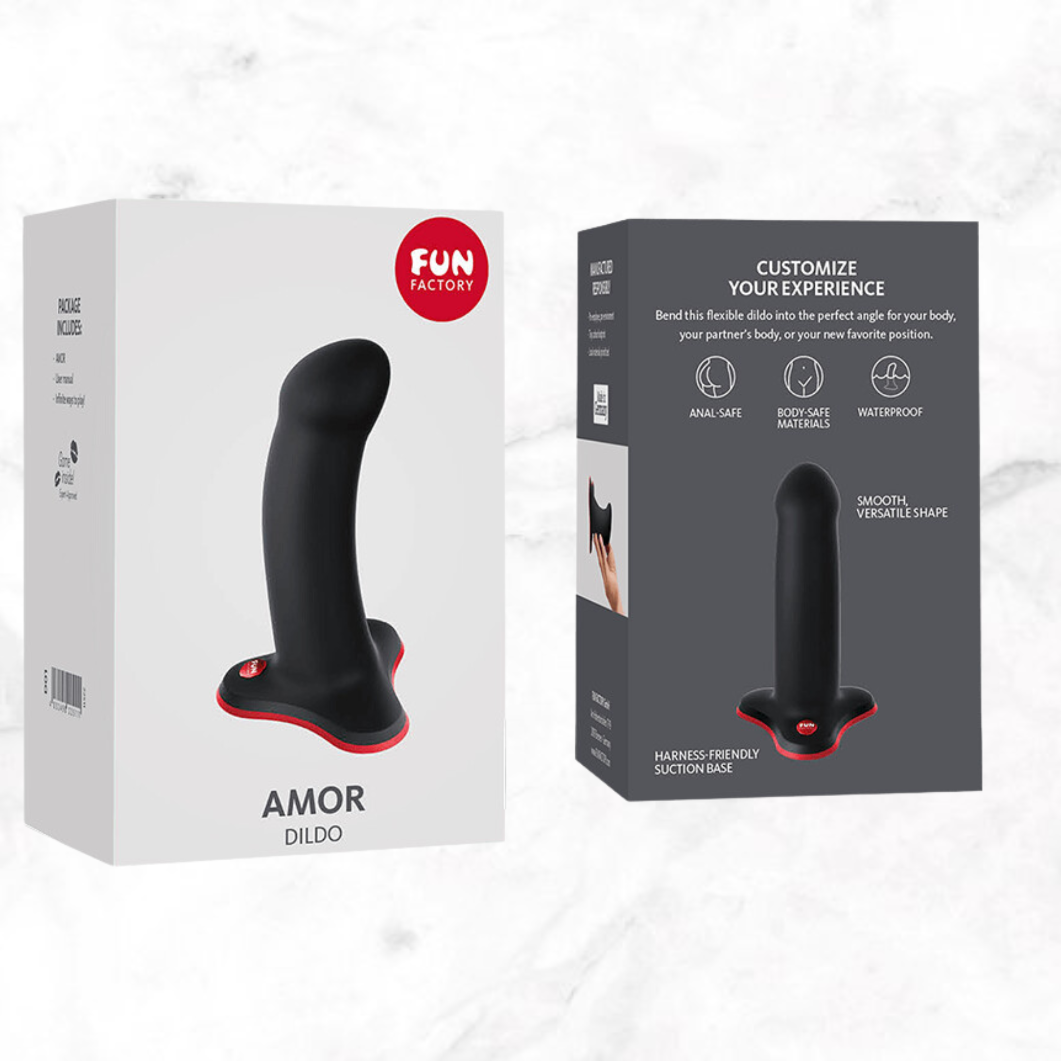 Witte doos van de zwarte Fun Factory Amor dildo met de productinformatie op de achterkant