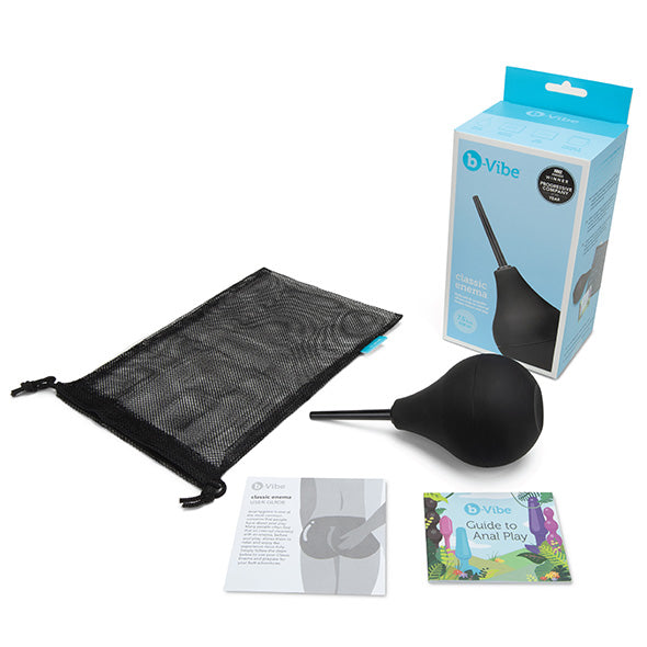 Complete set: anale douche, zwart opbergzakje, handleiding, gids voor anaal spelen en de doos van b-Vibe