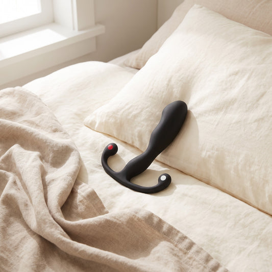 Sfeerbeeld: zwarte Helix Syn prostaatmassager liggend op een opgemaakt bed met creme linnen, Aneros