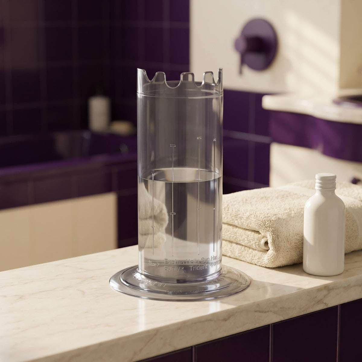 Sfeerbeeld: Aneros Soaker met water op een badkamerplank naast een handdoek, van Aneros
