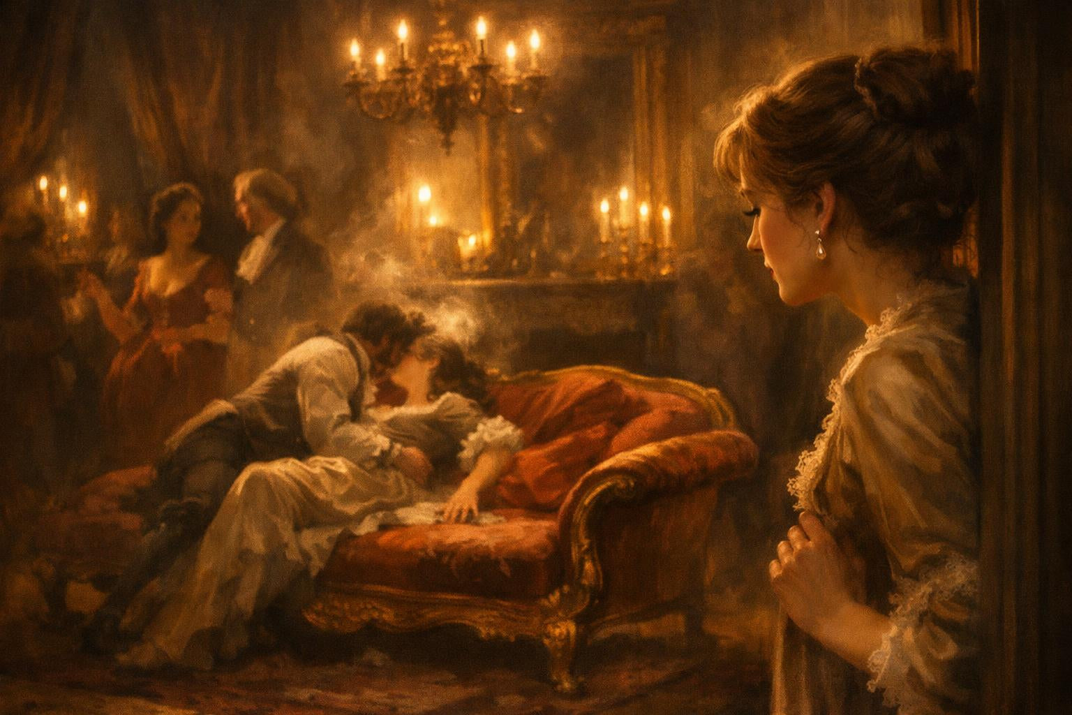 Zacht verlichte salon met een divan in het midden, omringd door elegante figuren in een sfeer van verwachting en geheimzinnigheid.