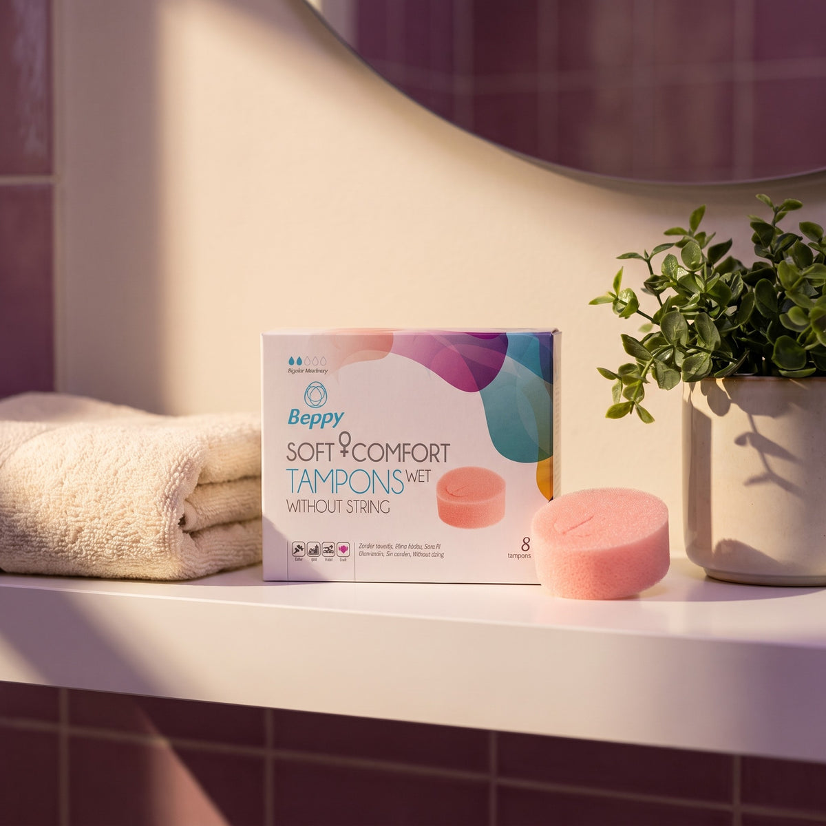 Sfeerbeeld: doosje Beppy Soft Comfort Wet tampons op een badkamerplank naast een handdoek