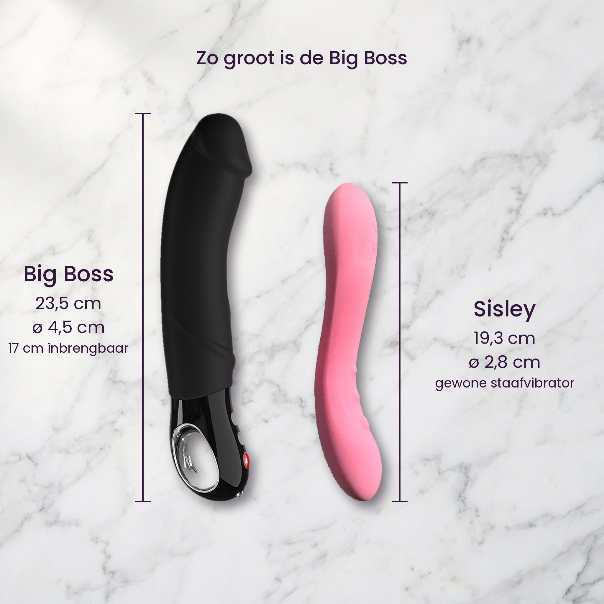 Big Boss van Fun Factory (23,5 cm, 4,5 cm dik) liggend naast de slanke Sisley (19,3 cm) op marmer, met de afmetingen