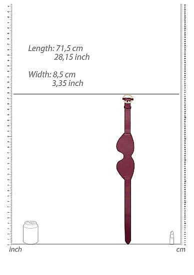 Bordeauxrode leren blinddoek met gouden gesp, maattekening 71,5 cm x 8,5 cm