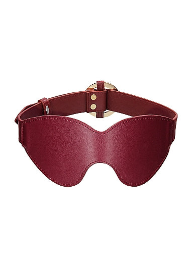 Bordeauxrode leren BDSM blinddoek met verstelbare riem en goudkleurige metalen gesp, vooraanzicht