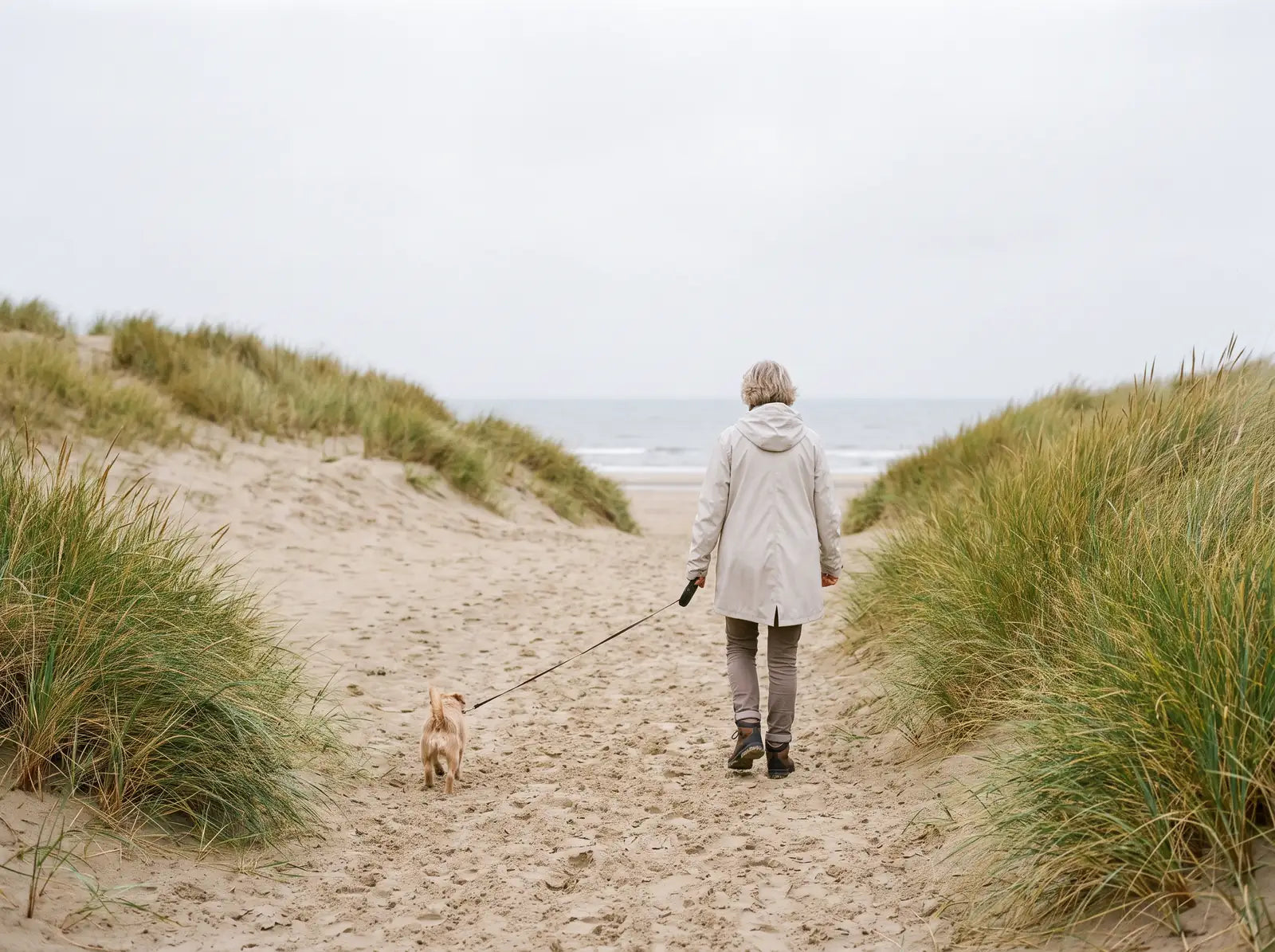 Sfeerbeeld: vrouw van rond de zestig wandelt met een hondje door de duinen aan zee