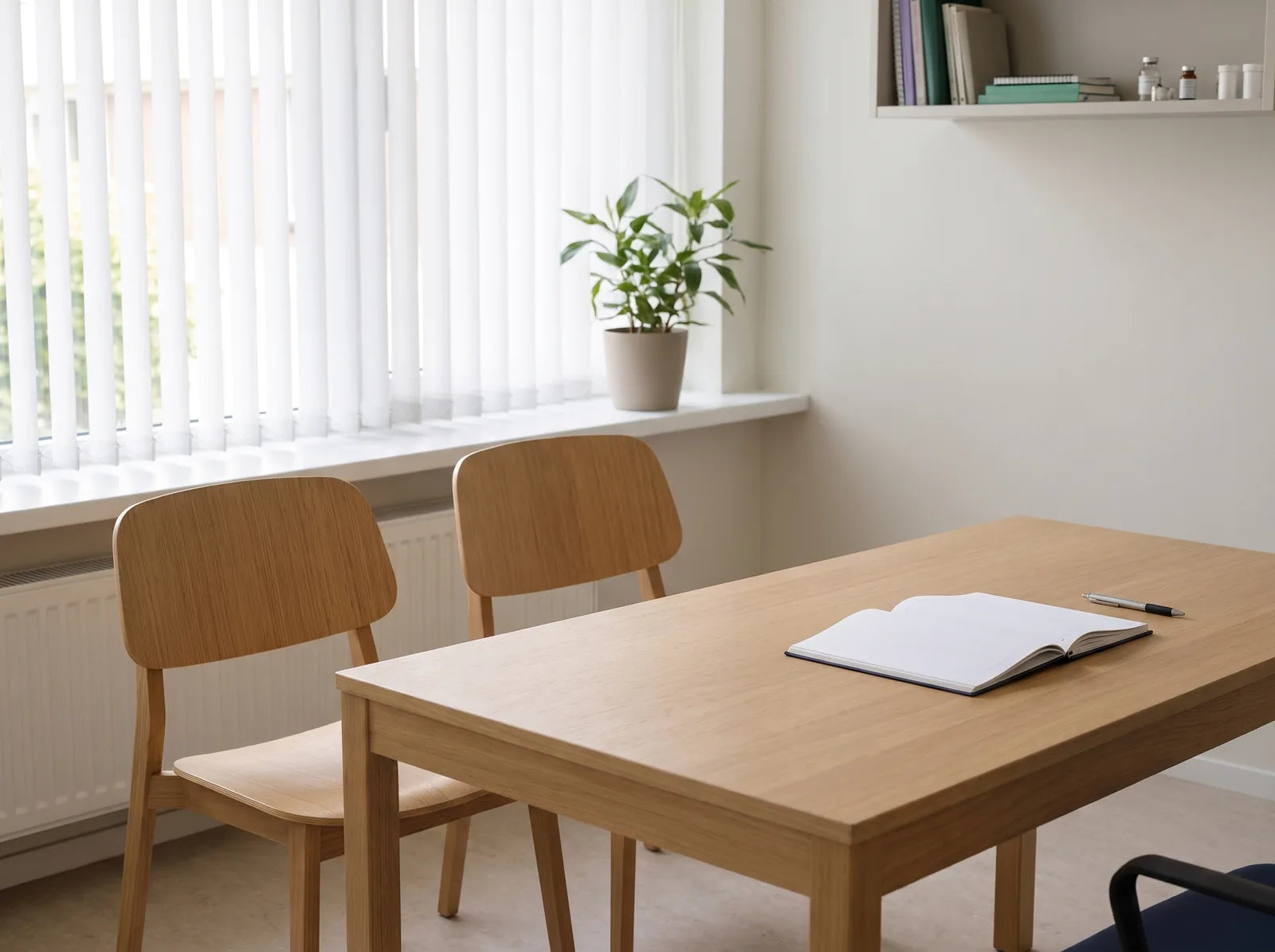Sfeerbeeld: lichte spreekkamer van een huisarts met twee stoelen naast elkaar aan het bureau