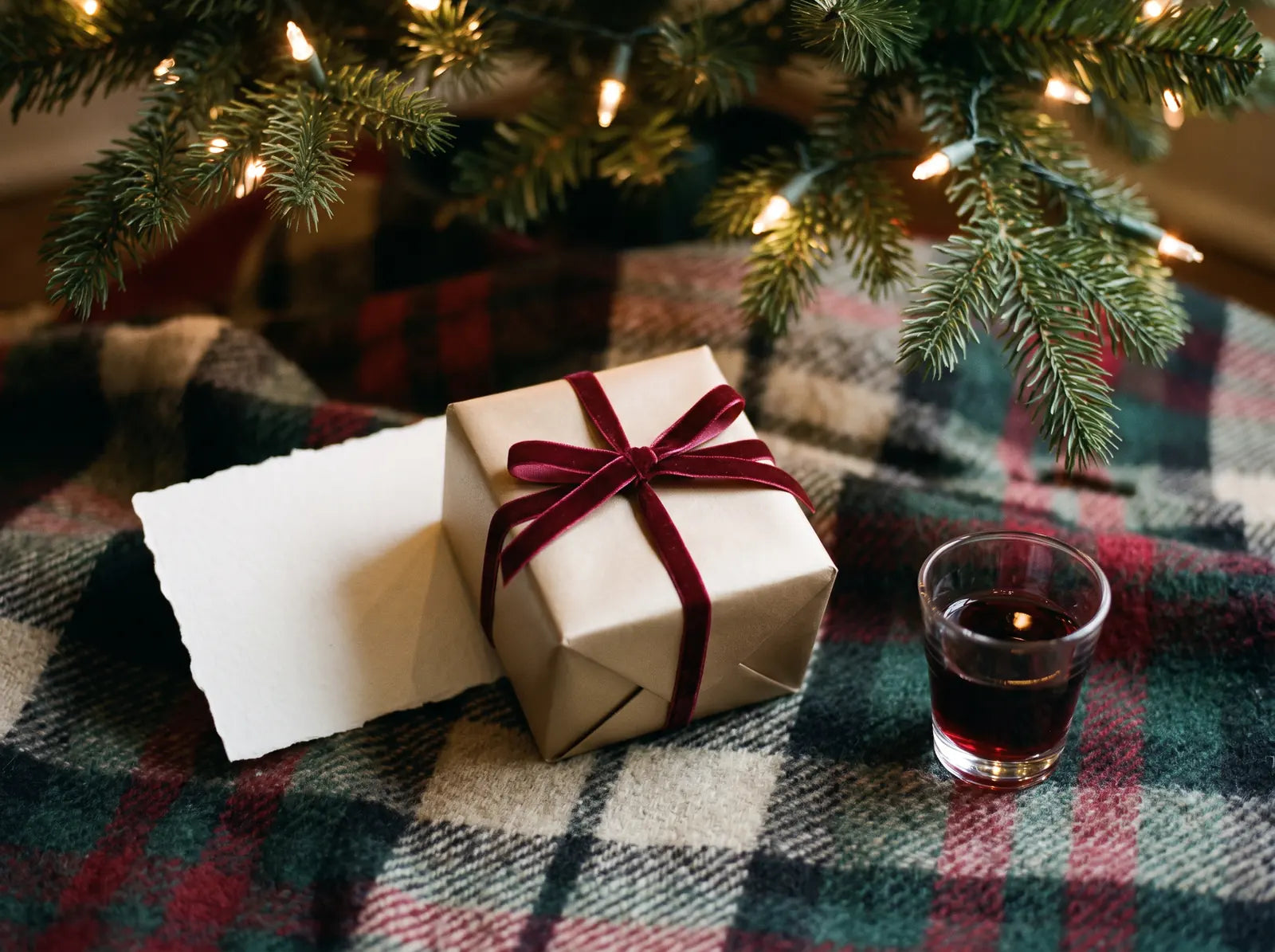 Sfeerbeeld: klein cadeau met bordeauxrood lint onder de kerstboom, met een kaartje en een glaasje port