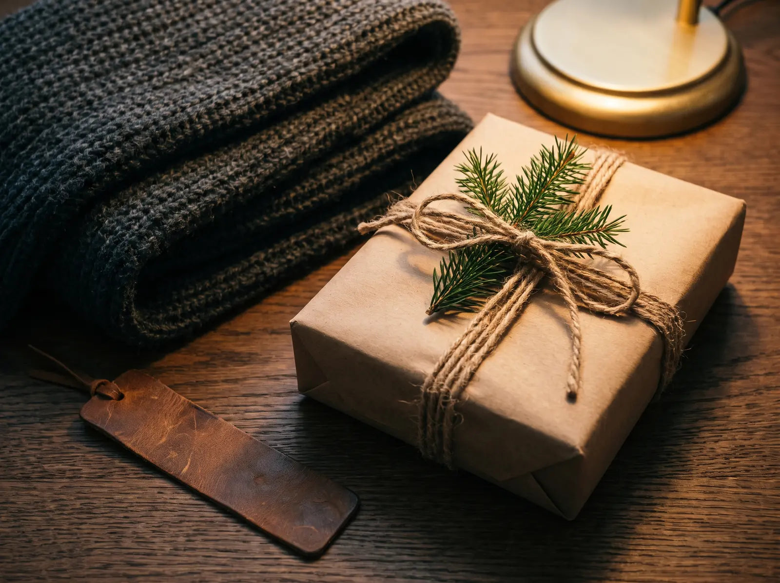 Sfeerbeeld: cadeau in kraftpapier met jute en dennentak naast een wollen sjaal bij lamplicht
