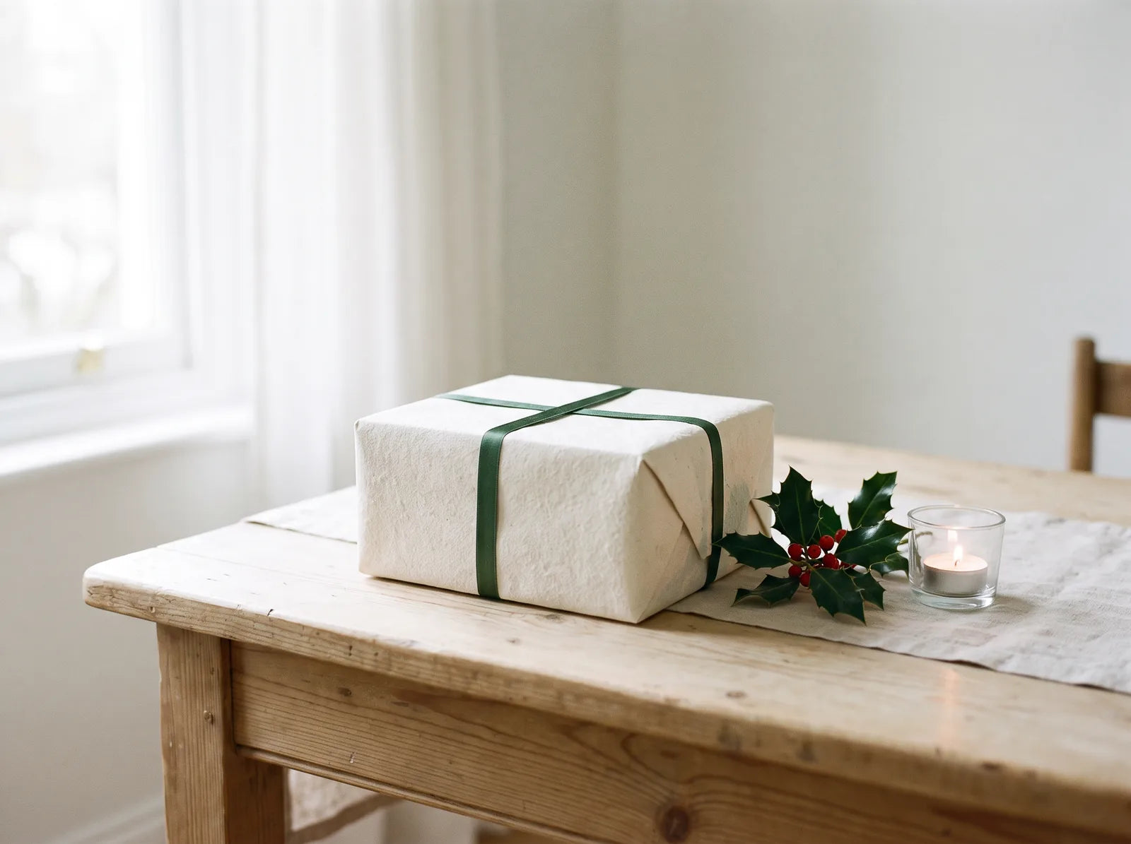 Sfeerbeeld: kerstcadeau in wit papier met groen lint, hulst en waxinelicht bij een winters raam
