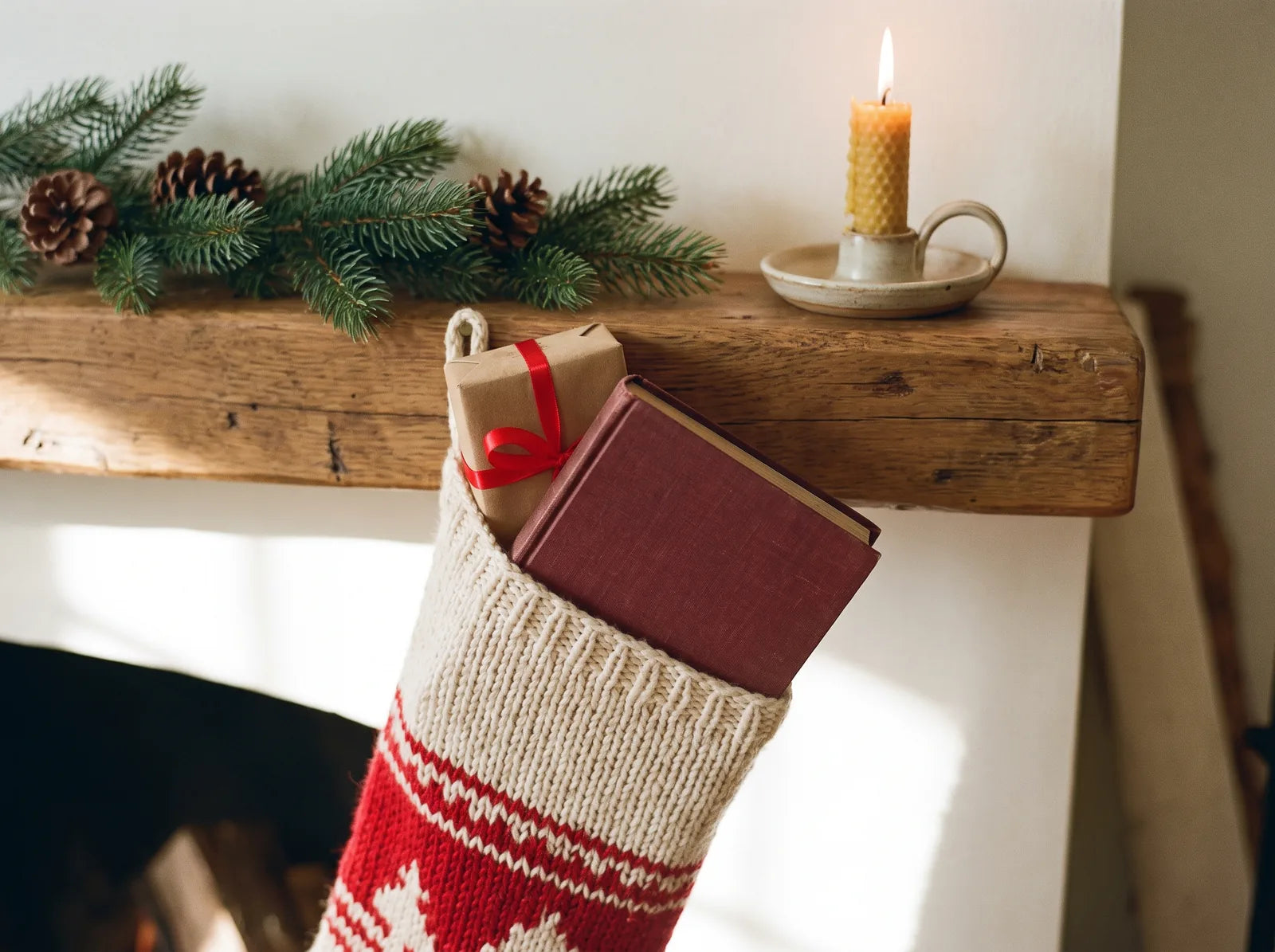 Sfeerbeeld: gebreide kerstsok aan een houten schouw met een cadeautje, een boek en een kaars