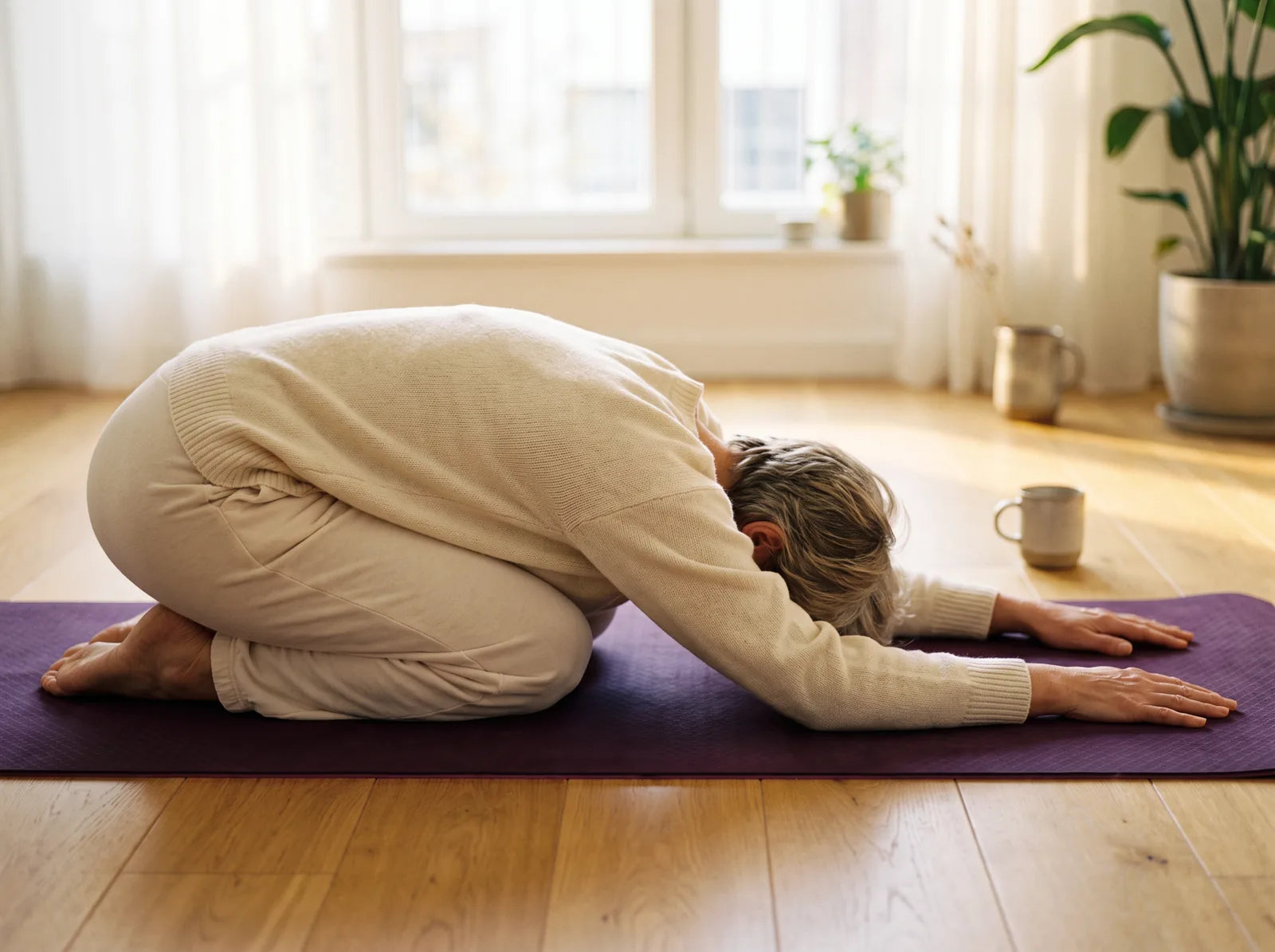 Sfeerbeeld: een vrouw van rond de vijftig rust in de kindhouding op een paarse yogamat