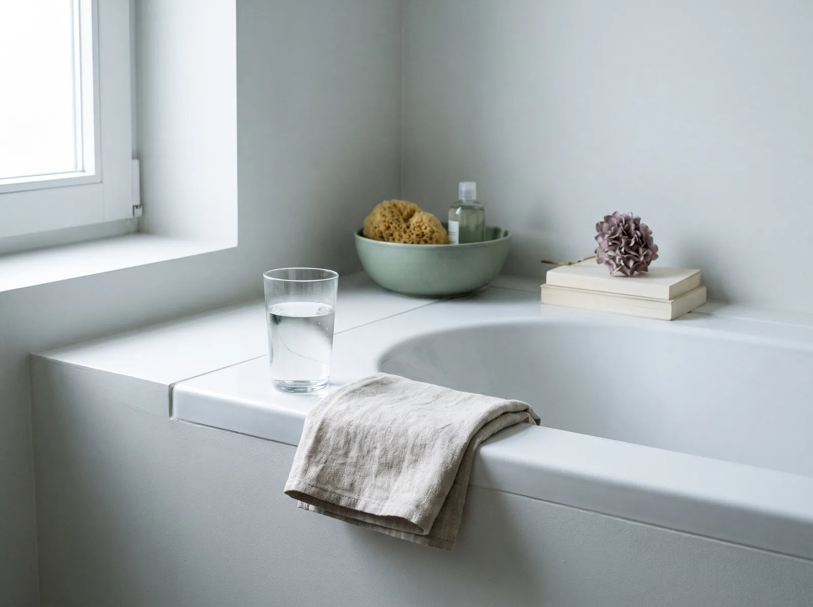 Sfeerbeeld: een glas water en een linnen handdoek op de rand van een bad in ochtendlicht