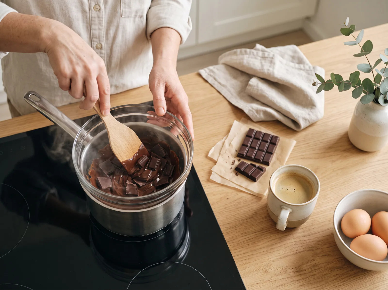 Sfeerbeeld: handen smelten pure chocolade au bain-marie in een glazen kom op een steelpan