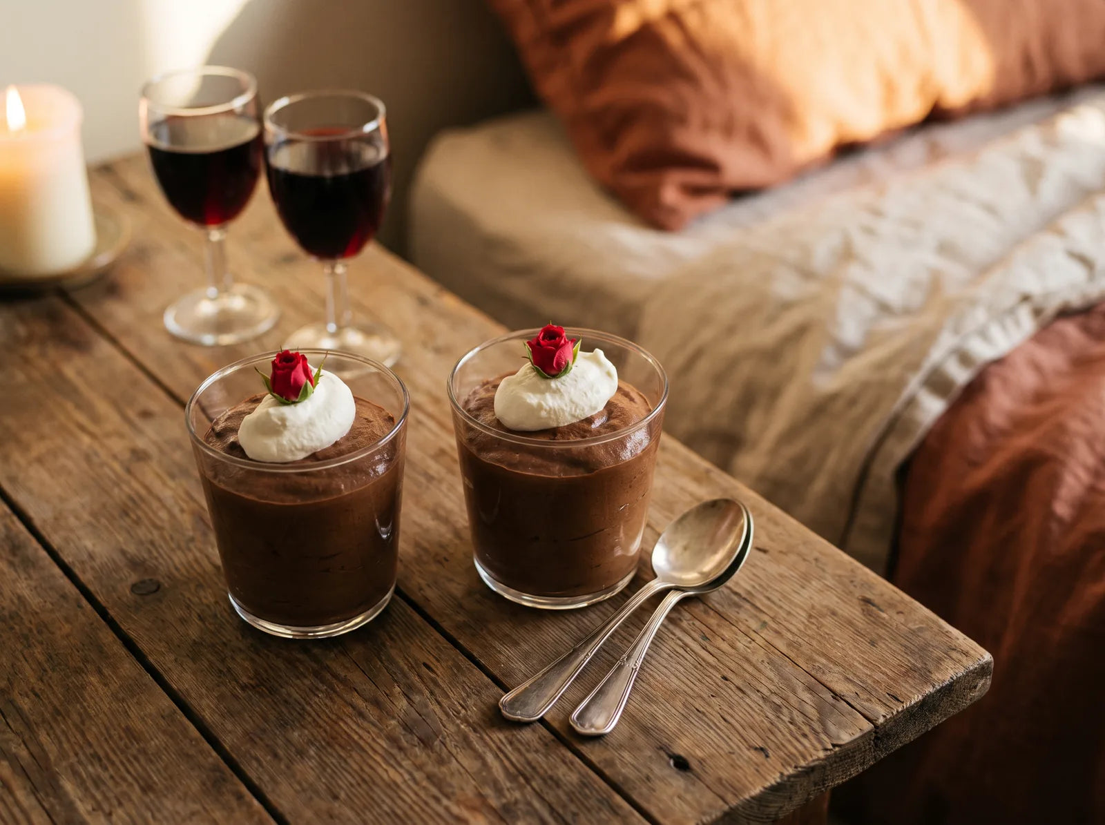 Sfeerbeeld: twee glazen chocolademousse met slagroom en een rood roosje bij kaarslicht