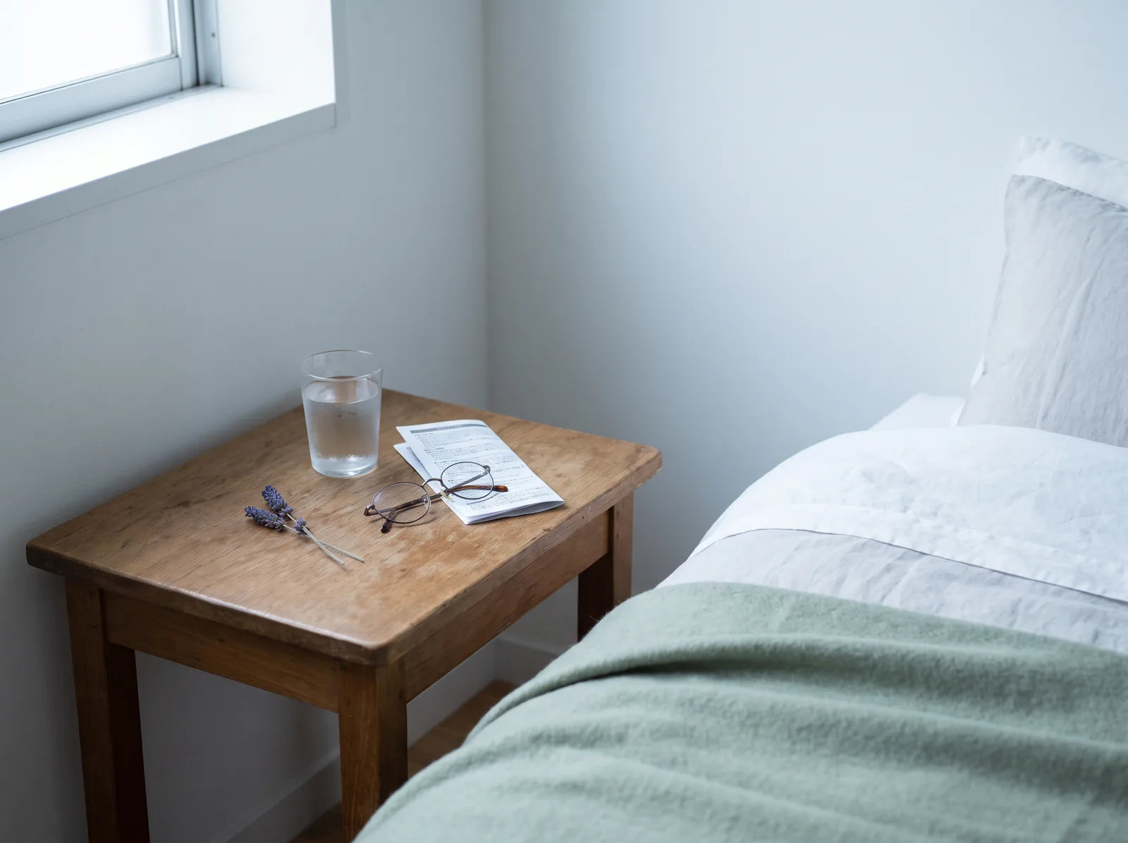 Sfeerbeeld: glas water, leesbril en bijsluiter op een houten nachtkastje in ochtendlicht