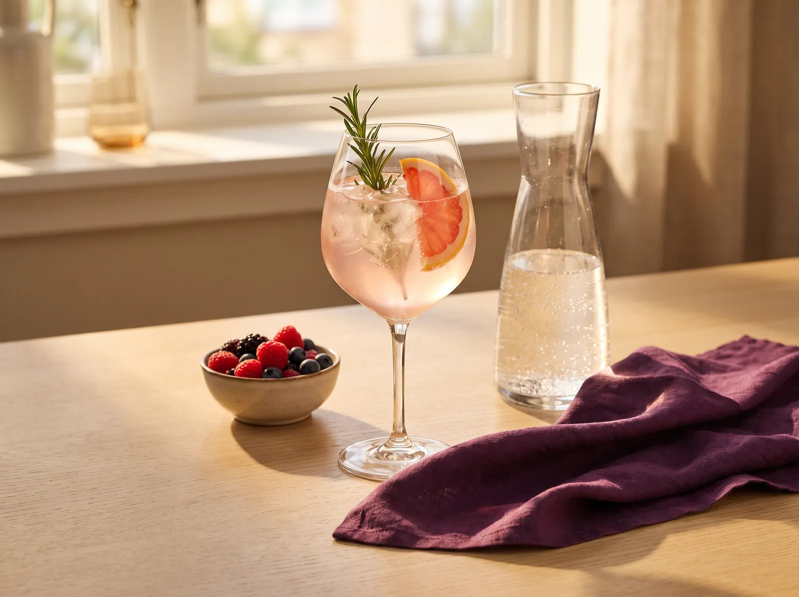 Sfeerbeeld: een alcoholvrije roze spritz met grapefruit en rozemarijn, een karaf bruiswater en een bakje bessen bij het raam