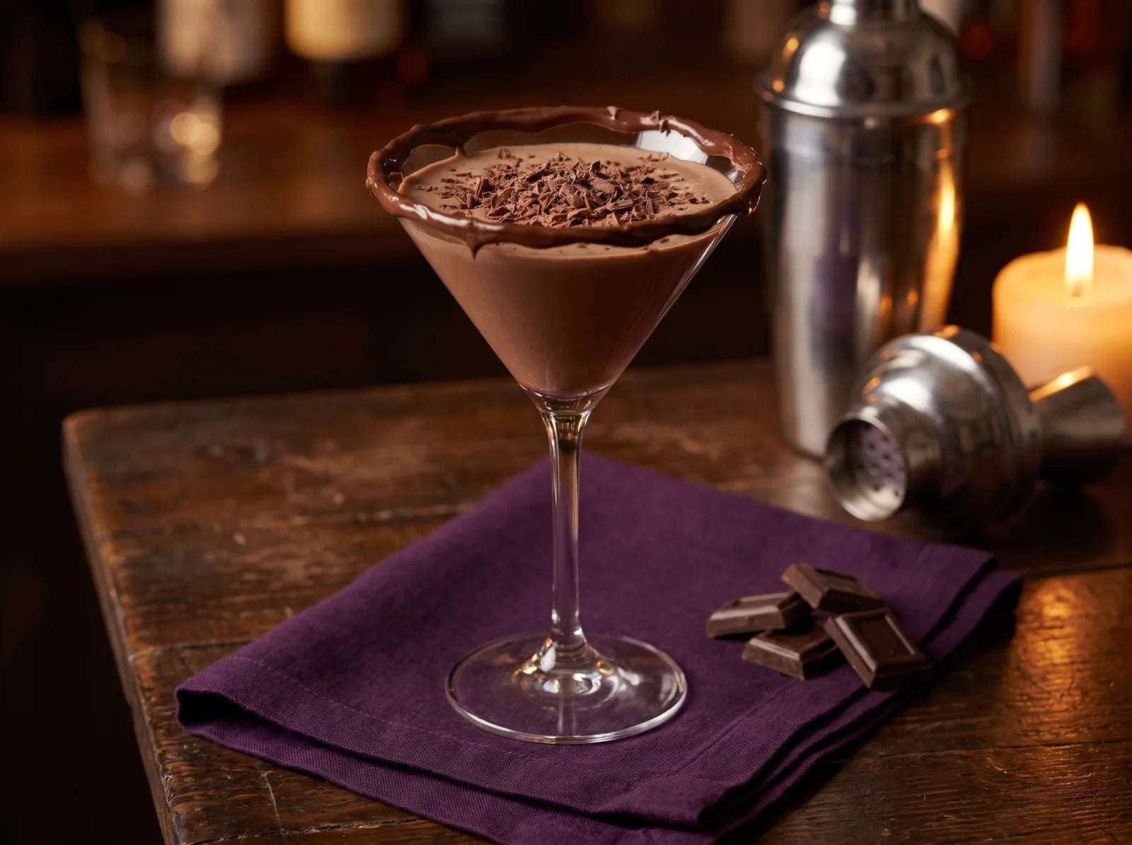 Sfeerbeeld: een chocolademartini met een chocoladerand en geraspte chocolade, naast een cocktailshaker bij kaarslicht