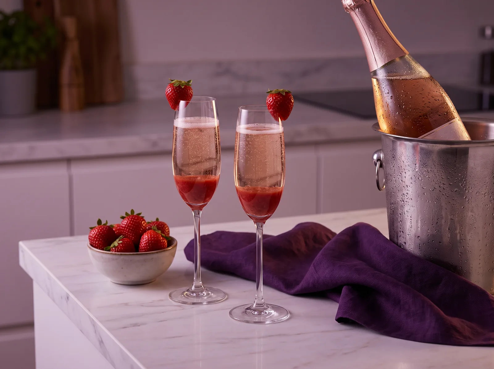 Sfeerbeeld: twee champagneflutes met aardbeienpuree en bubbels, elk met een aardbei op de rand, naast een fles in een ijsemmer