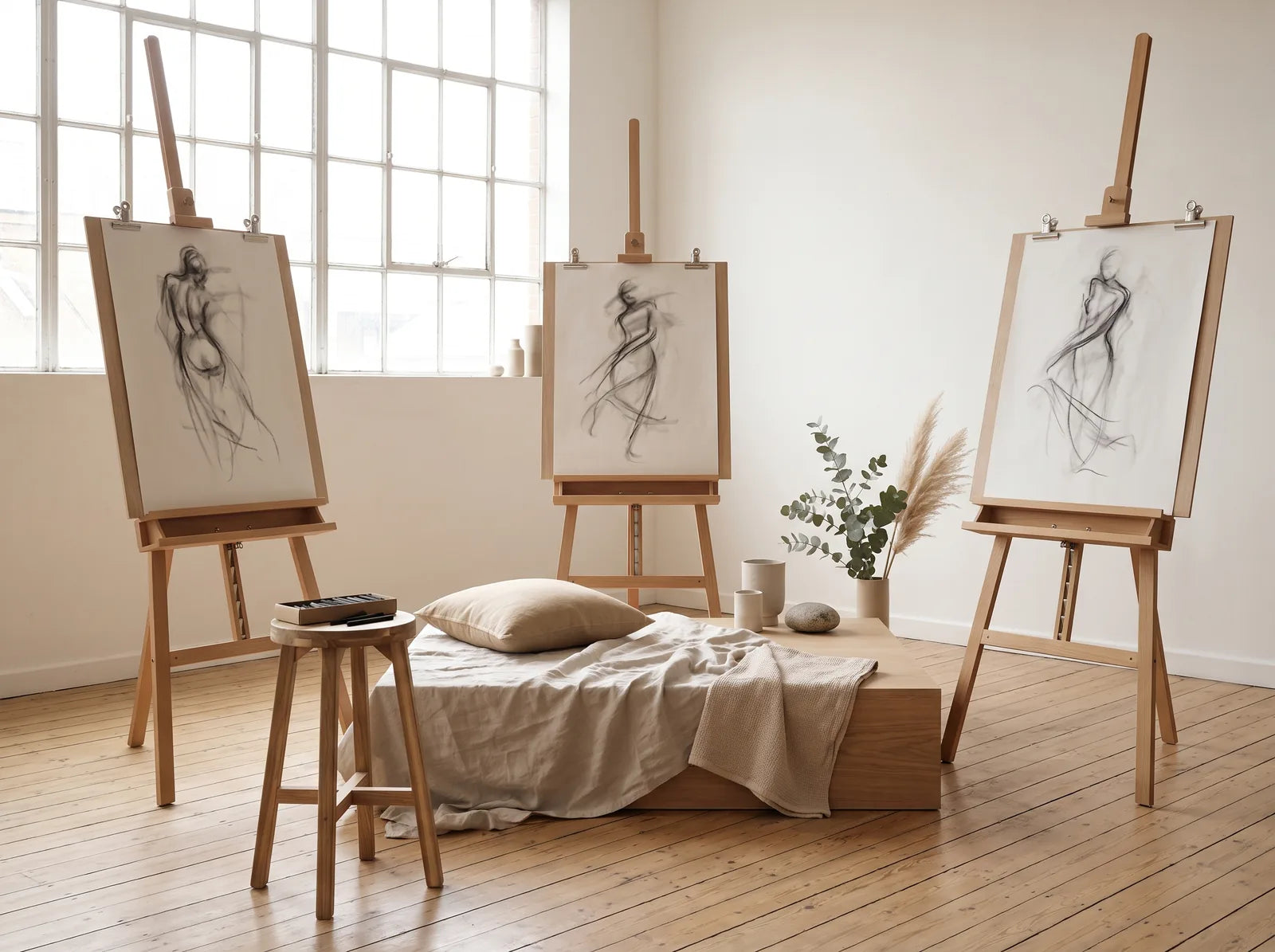 Sfeerbeeld: licht tekenatelier met drie ezels met houtskoolschetsen rond een leeg modelpodium
