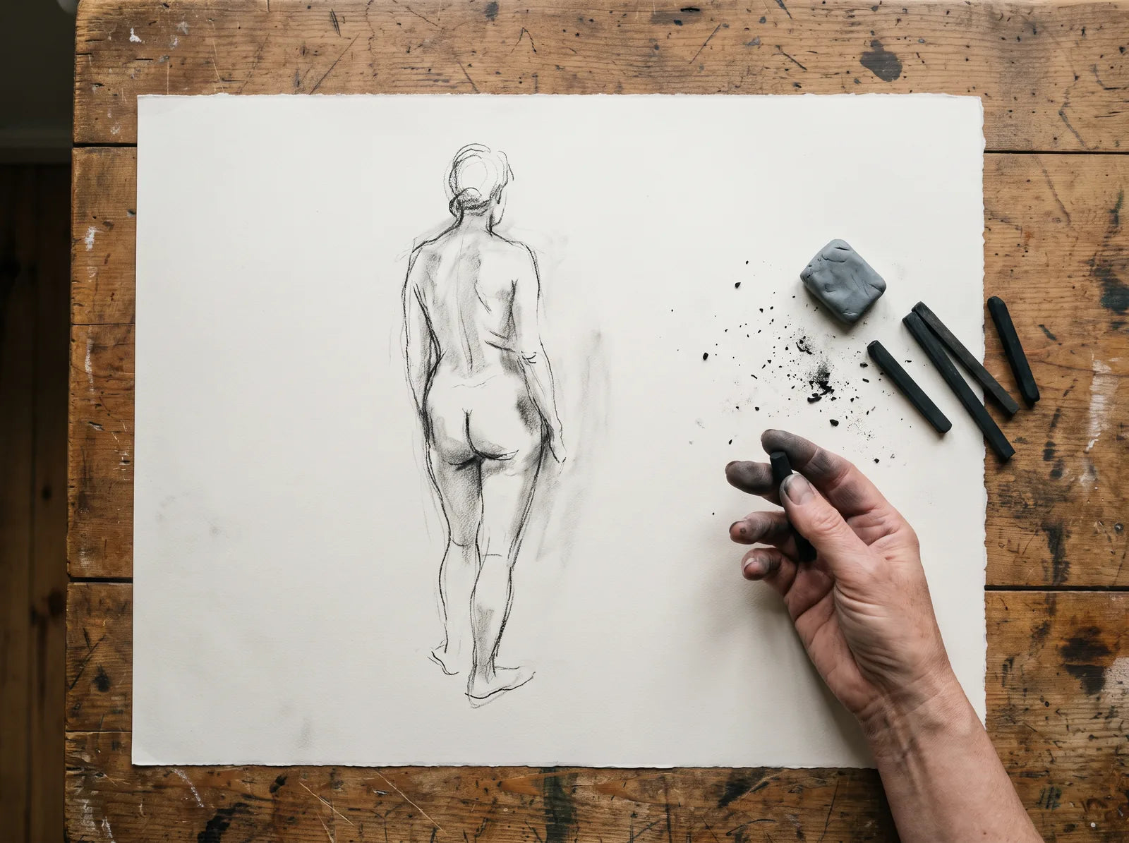 Sfeerbeeld: hand met houtskool naast een losse schets van een figuur van achteren, met kneedgum
